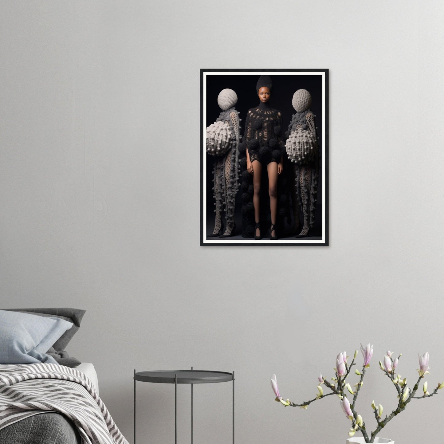 A black and white photo of a woman in a black dress has been transformed into Crochet Addicts Anonymous E The Oracle Windows™ Collection, making it the perfect poster for my wall.
