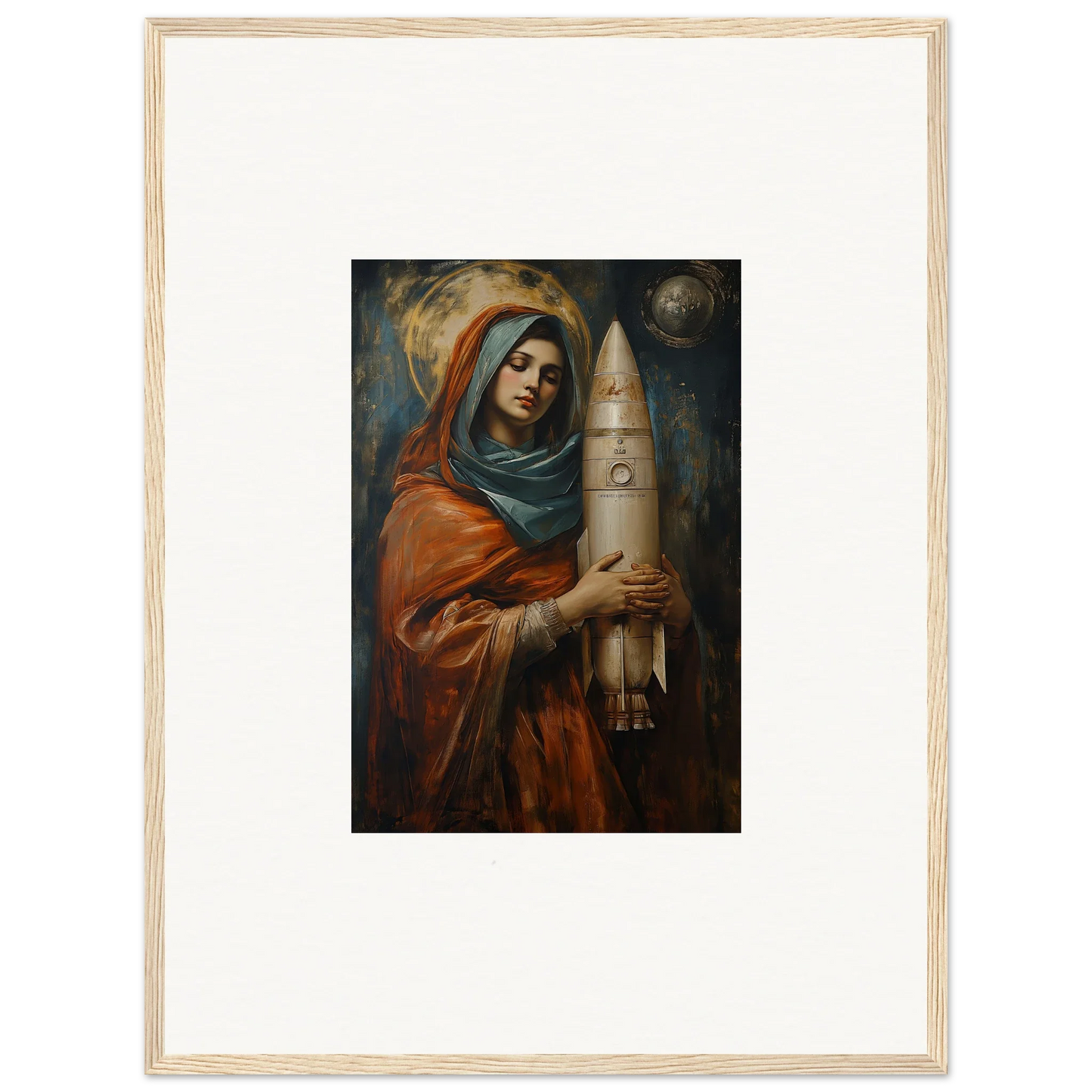 Religious figure holding a rocket ship in Quantum Atelier framed wall art for room decor