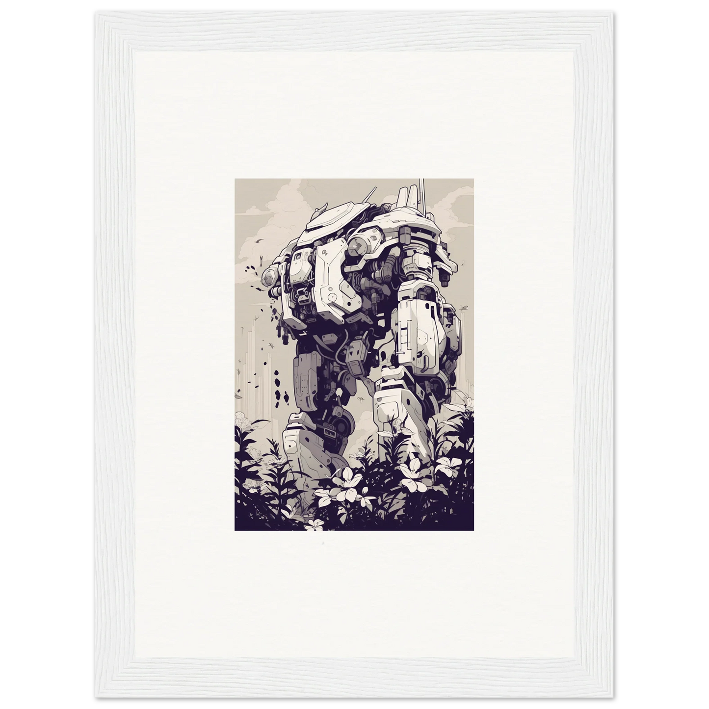 Intricate humanoid robotic figure in Floral Steel Harbinger framed wall art for room decor