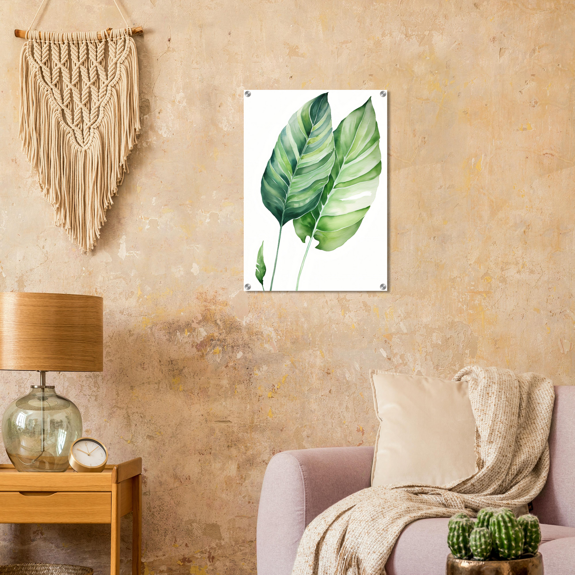 A living room with a couch and a large green leaf