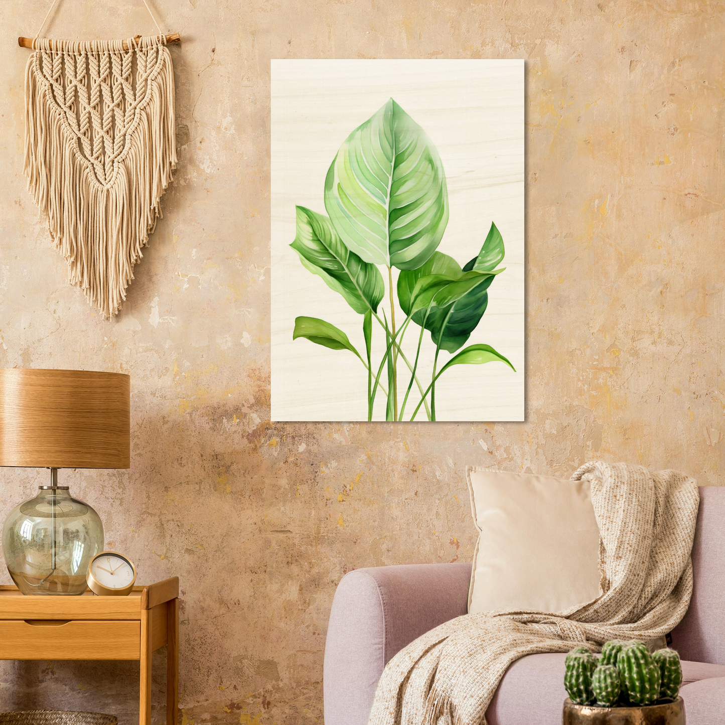 A living room with a couch and a painting of a green leaf