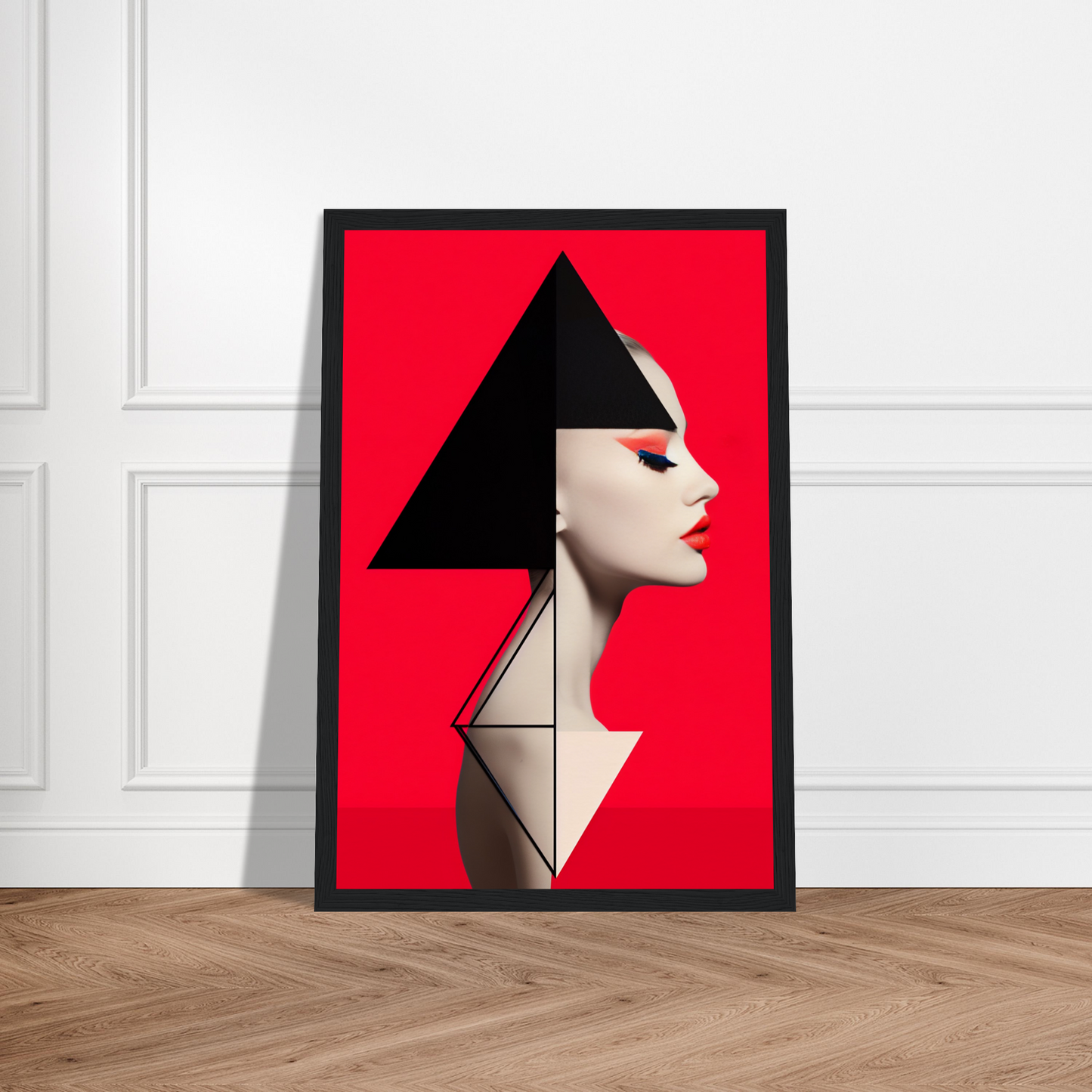 Framed art print featuring a stylized profile portrait with geometric elements on a vibrant red background.