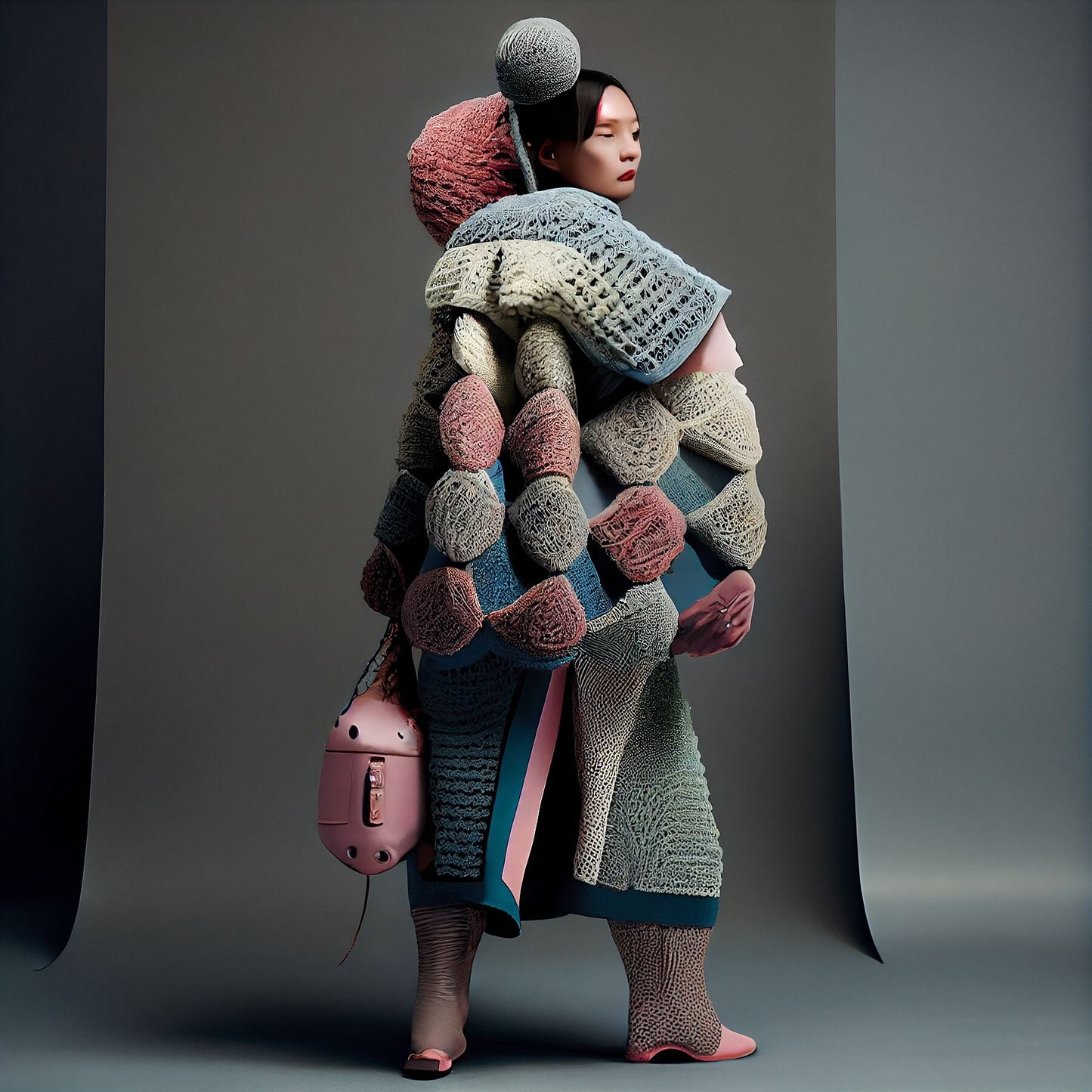 Full body shot of japanese model wearing futuristic balen