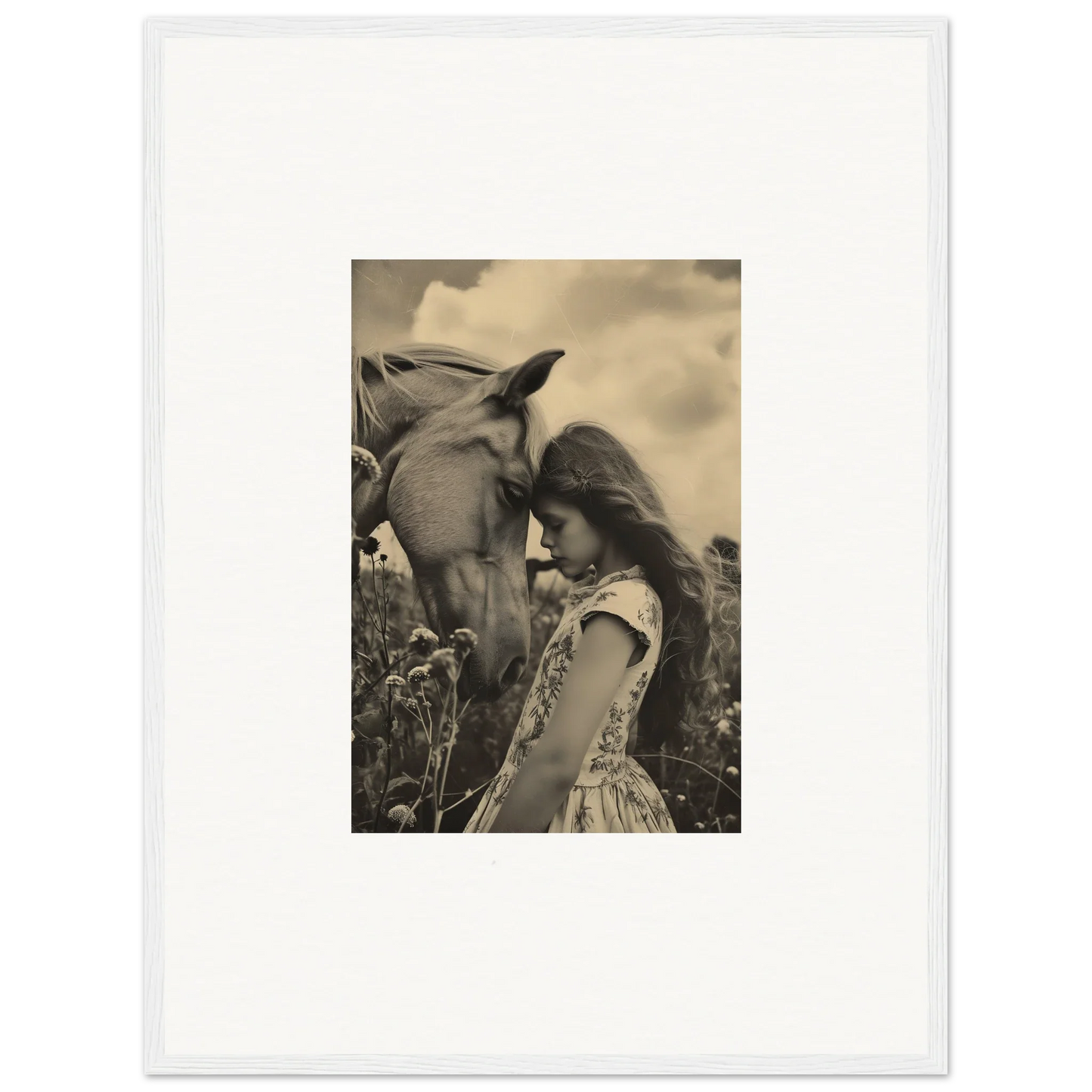 Sepia-toned image of a girl petting a horse, perfect for room decor and whisper forever themes