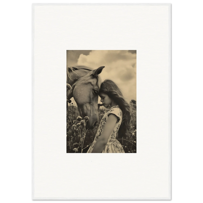 Sepia-toned photograph of a girl touching a horse, perfect for Dreams Whisper Forever room decor