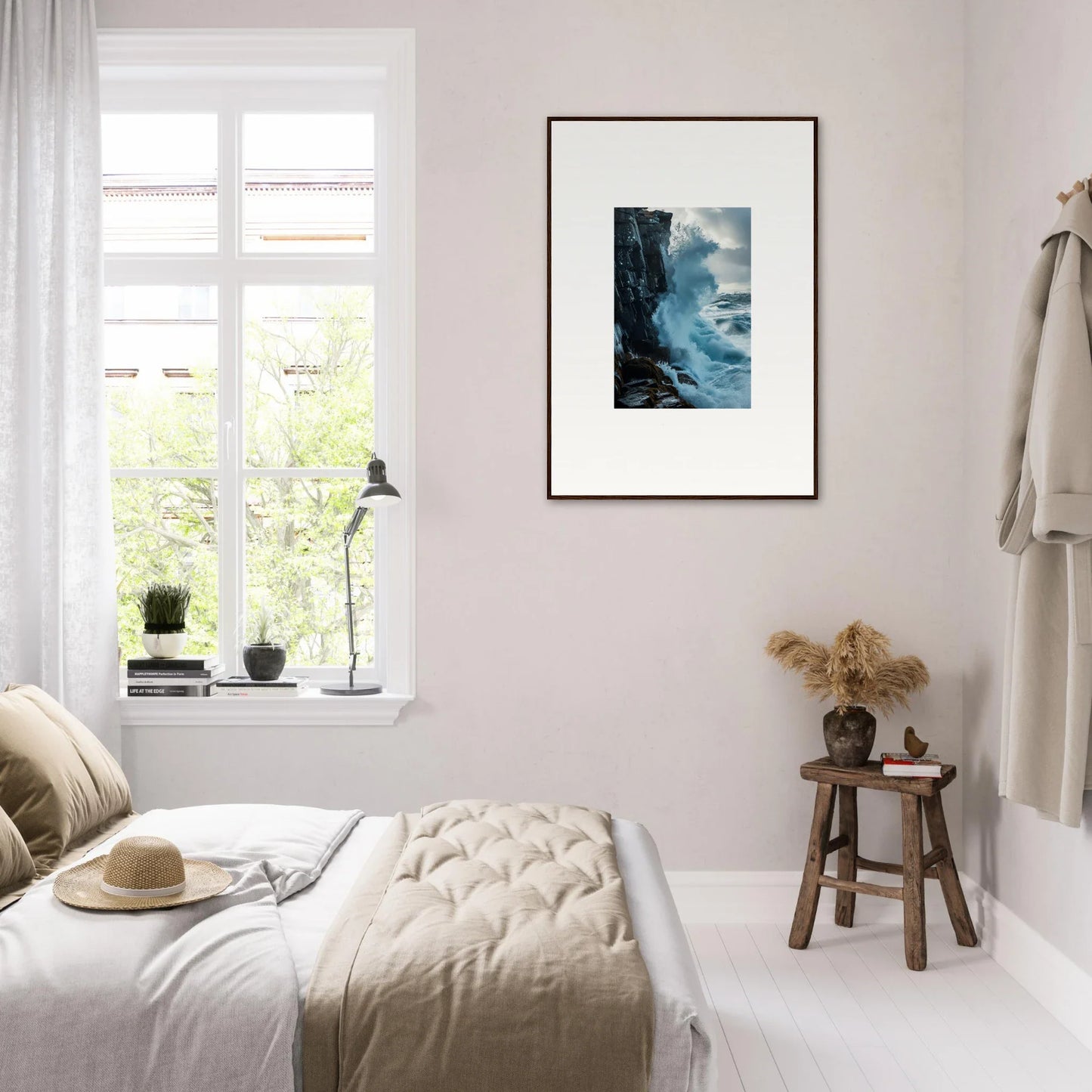 Serene bedroom with minimalist decor and framed wall art for optimal room decor