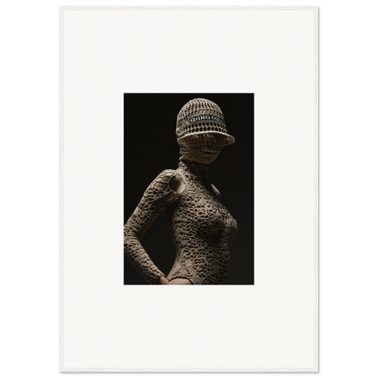 Shadowy figure with textured skin wearing a knitted cap.