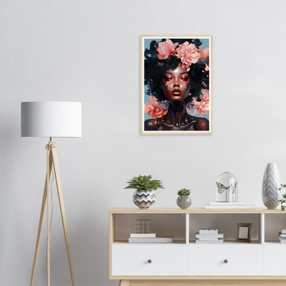 Framed portrait of a woman with flowers in her hair against a dark background.