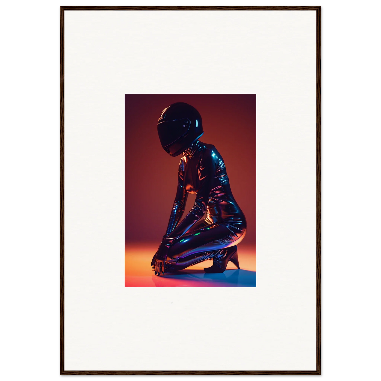 Shiny metallic figure kneeling with a black sphere head, ideal for Night Oracle room decor