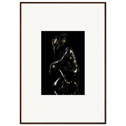 Shiny metallic sculpture of a crouching humanoid figure against a black background.