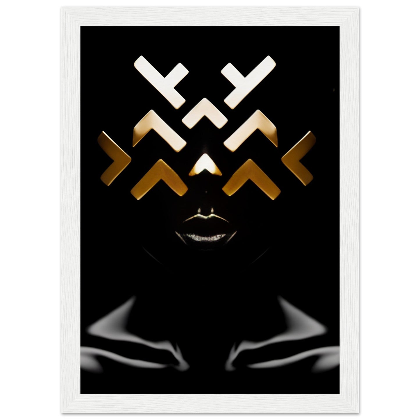 Abstract geometric face design with white and gold angular shapes forming eyes and a metallic silver mouth on a black background.