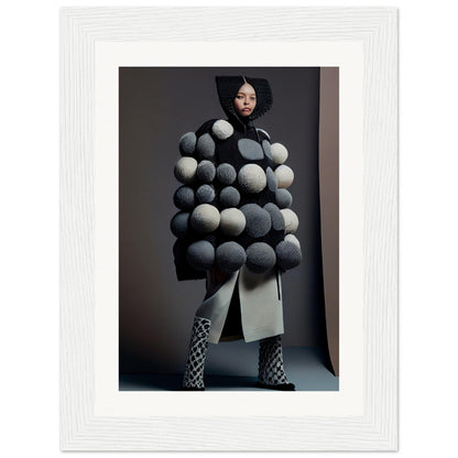 Avant-garde coat adorned with oversized spherical pom-poms in various shades of gray.