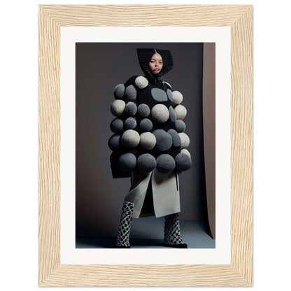 Avant-garde coat made of spherical pom-poms in shades of gray.