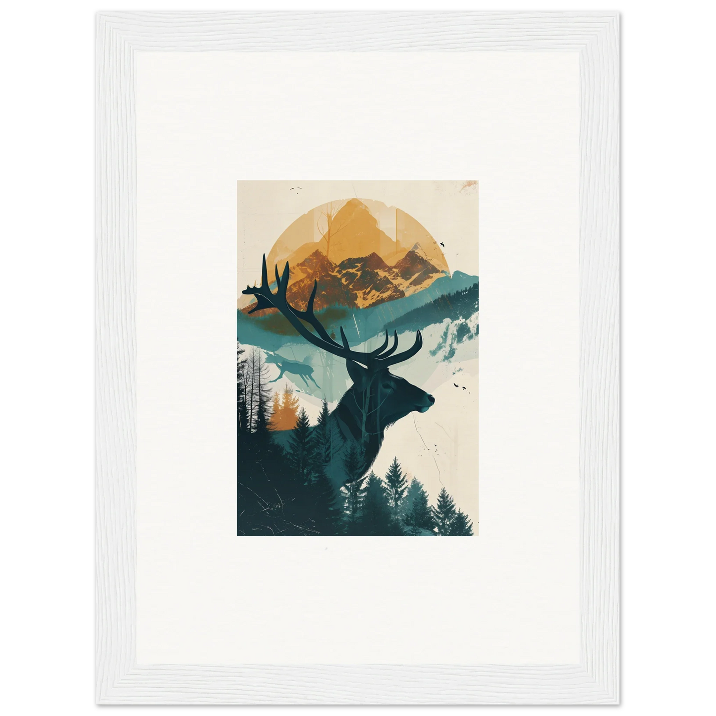 Silhouette of a deer with antlers in nature for Reflection Solace room decor framed wall art