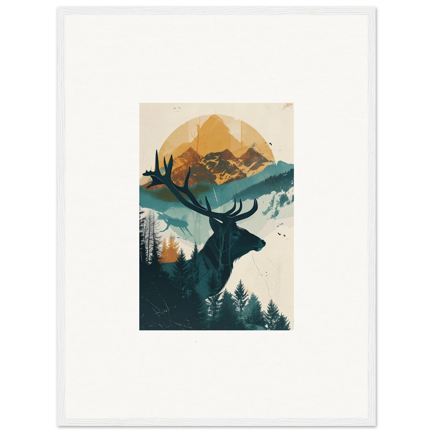 Silhouette of a deer with antlers in nature scene for reflection solace room decor