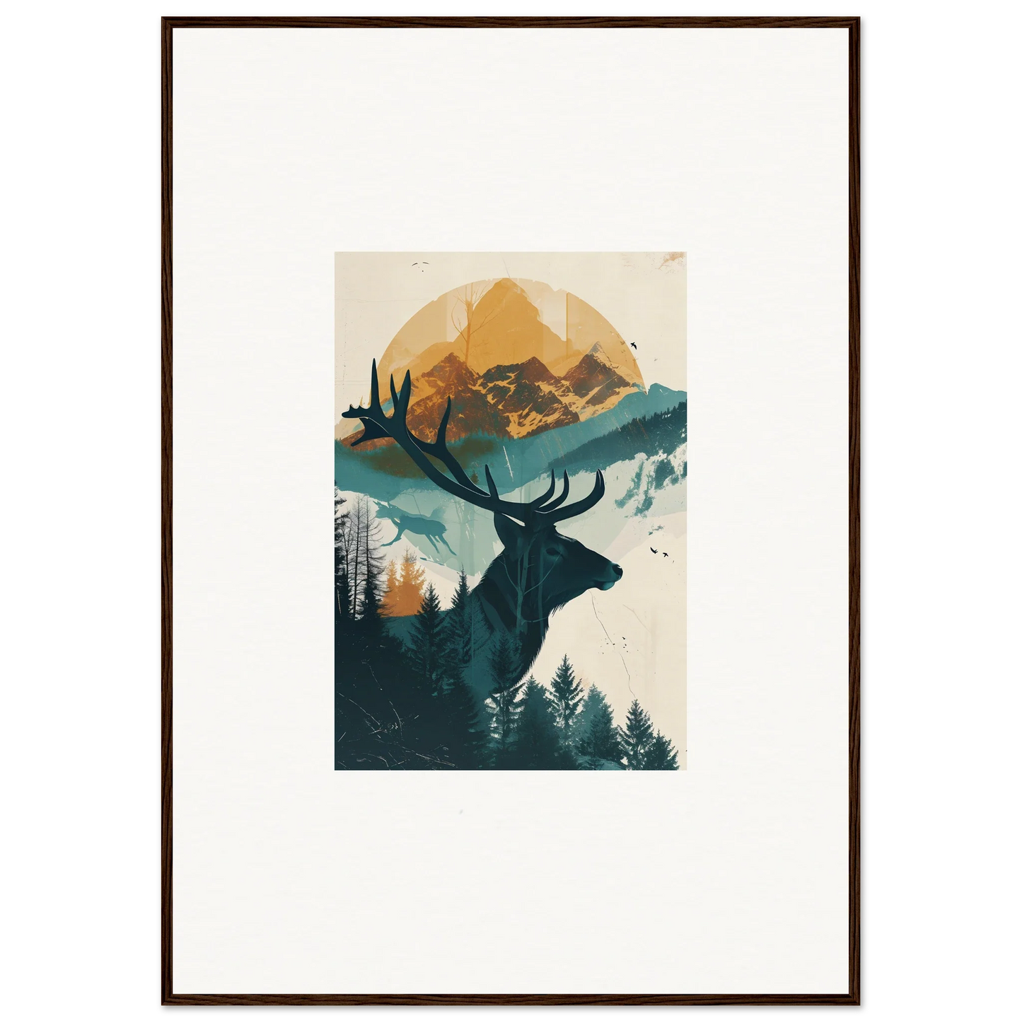 Silhouette of a deer with antlers in nature scene, perfect for Reflection Solace room decor