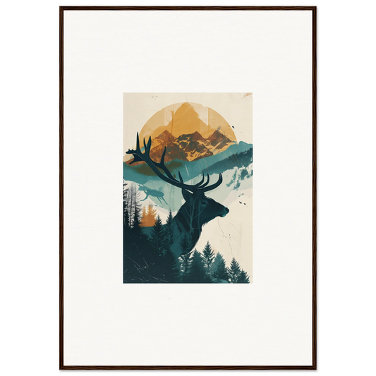 Silhouette of a deer with antlers in nature scene, perfect for Reflection Solace room decor