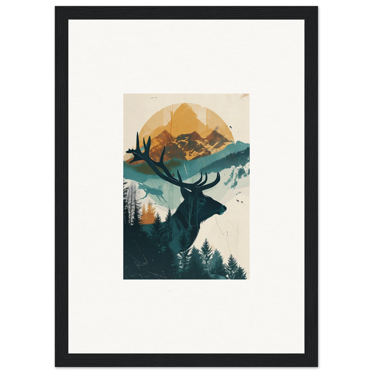 Silhouette of a deer head with antlers in framed wall art for reflection solace room decor