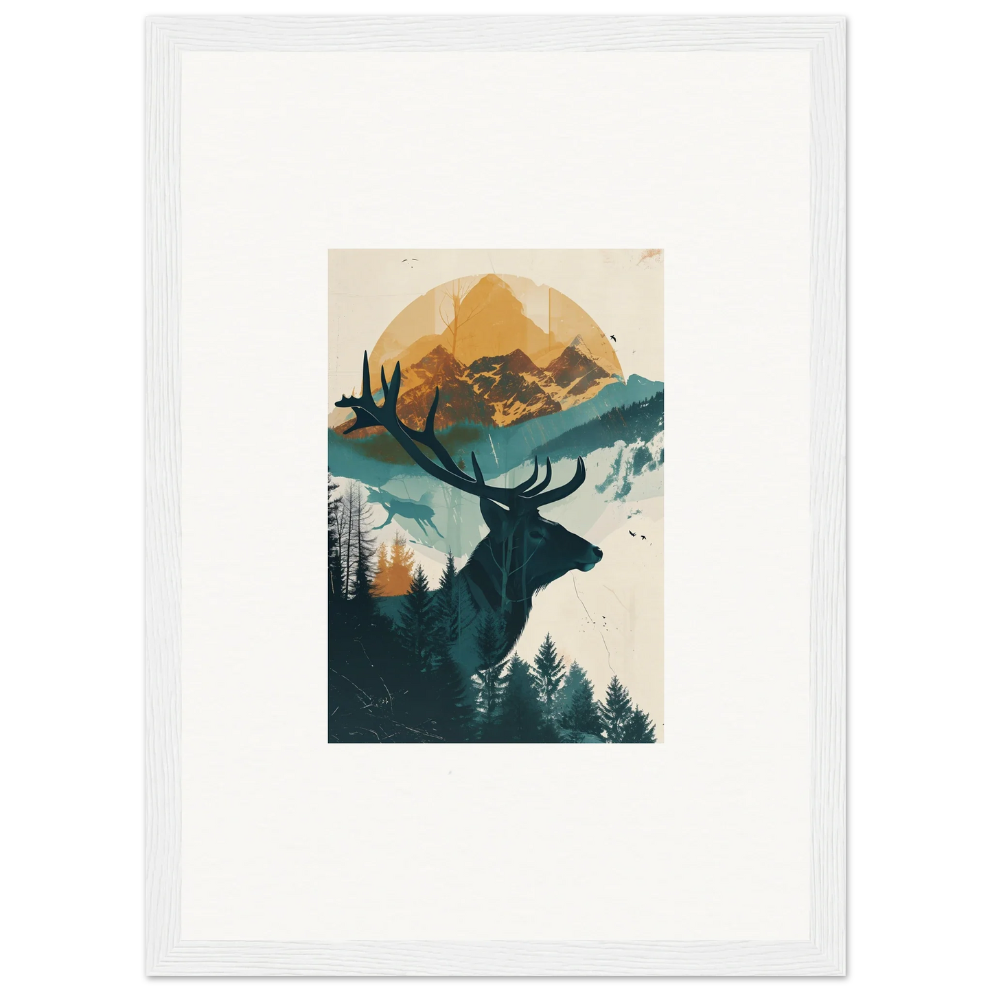 Silhouette of a deer’s head with antlers in framed wall art for reflection solace room decor