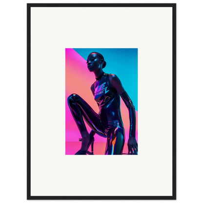 Silhouette of a person in crouched pose with colorful lighting for Neon Symphony room decor