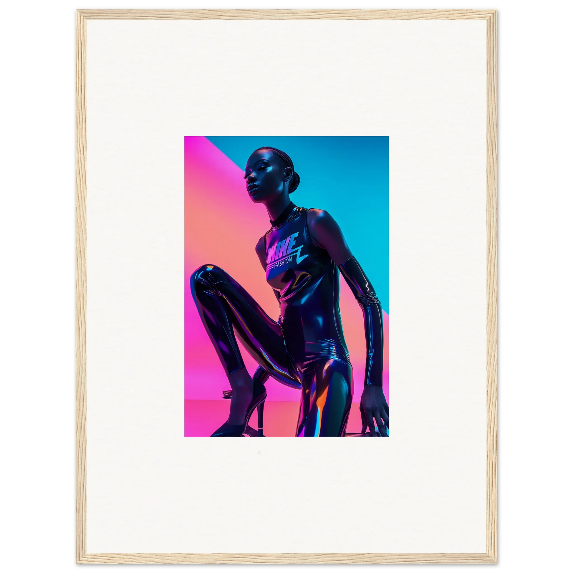 Silhouetted figure in a crouched pose with vibrant pink and blue neon symphony lighting