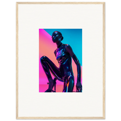 Silhouetted figure in a crouched pose with vibrant pink and blue neon symphony lighting