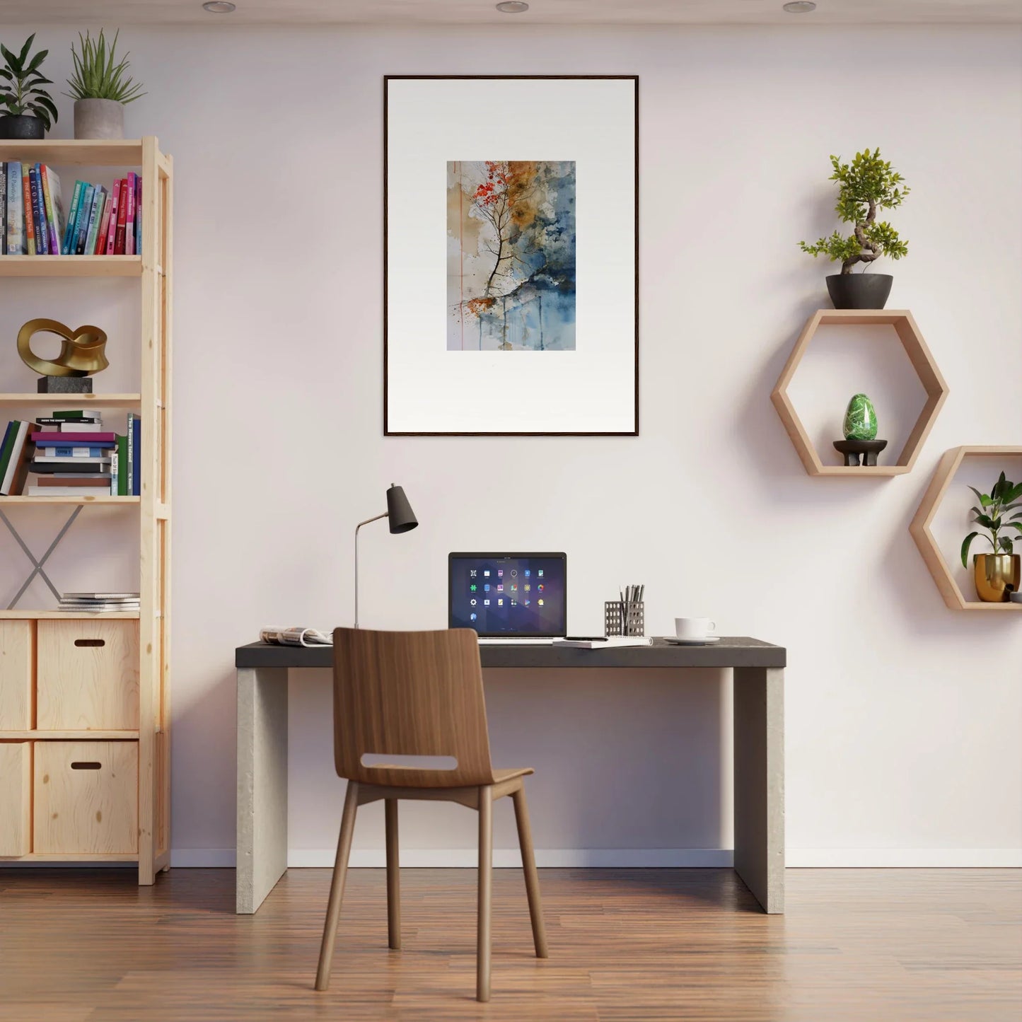 Simple home office workspace featuring a desk, chair, and Spectrum Spoon wall decor