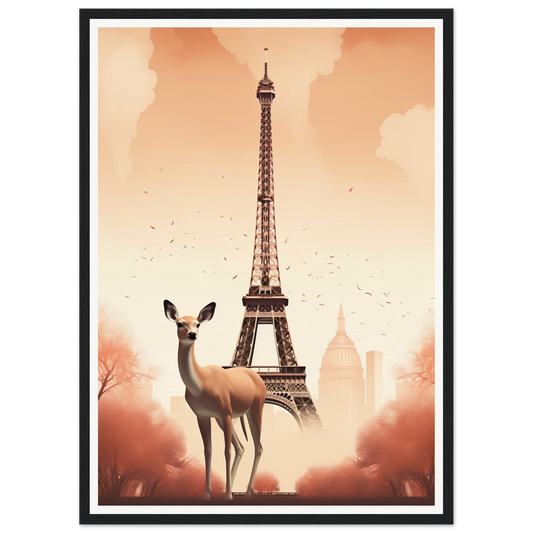 A high quality Bambi Made It To The Eiffel Tower The Oracle Windows™ Collection featuring a deer standing in front of the Eiffel Tower, created through AI generated art.
