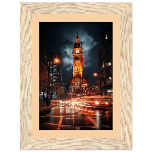 An Memories of A City - Archival Pine-Framed Artworks picture of a city at night with a clock tower in the background.