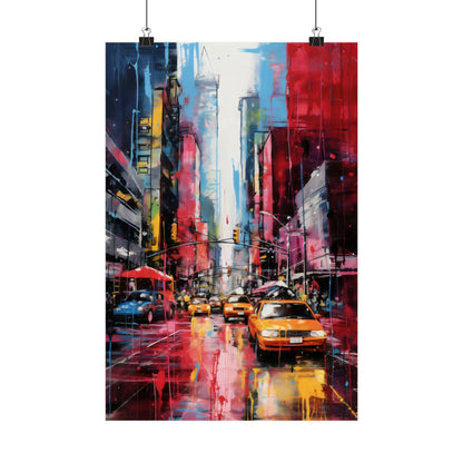 Colorful abstract painting of a bustling city street with taxis and skyscrapers.