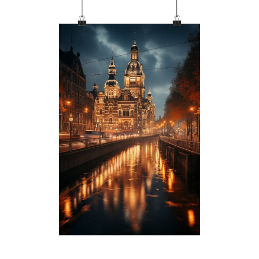 Ornate church or cathedral with illuminated towers reflected in a canal at night.