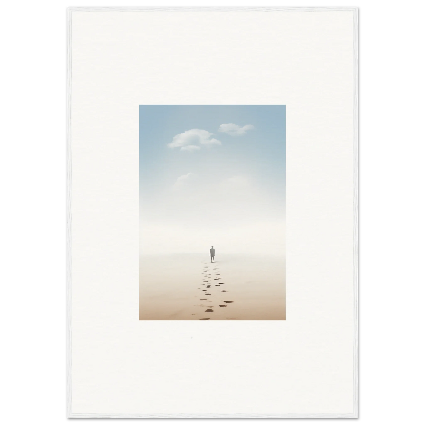 Solitary figure on misty beach leaves footprints, embodying entwined nostalgia in room decor