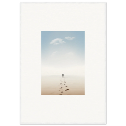 Solitary figure on misty beach leaves footprints, embodying entwined nostalgia in room decor