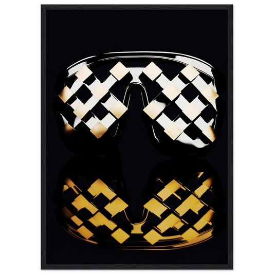 Stylized sunglasses with a geometric black and gold pattern on the lenses.