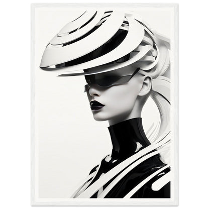 Striking black and white portrait featuring a person wearing an avant-garde sculptural hat and high-necked garment.