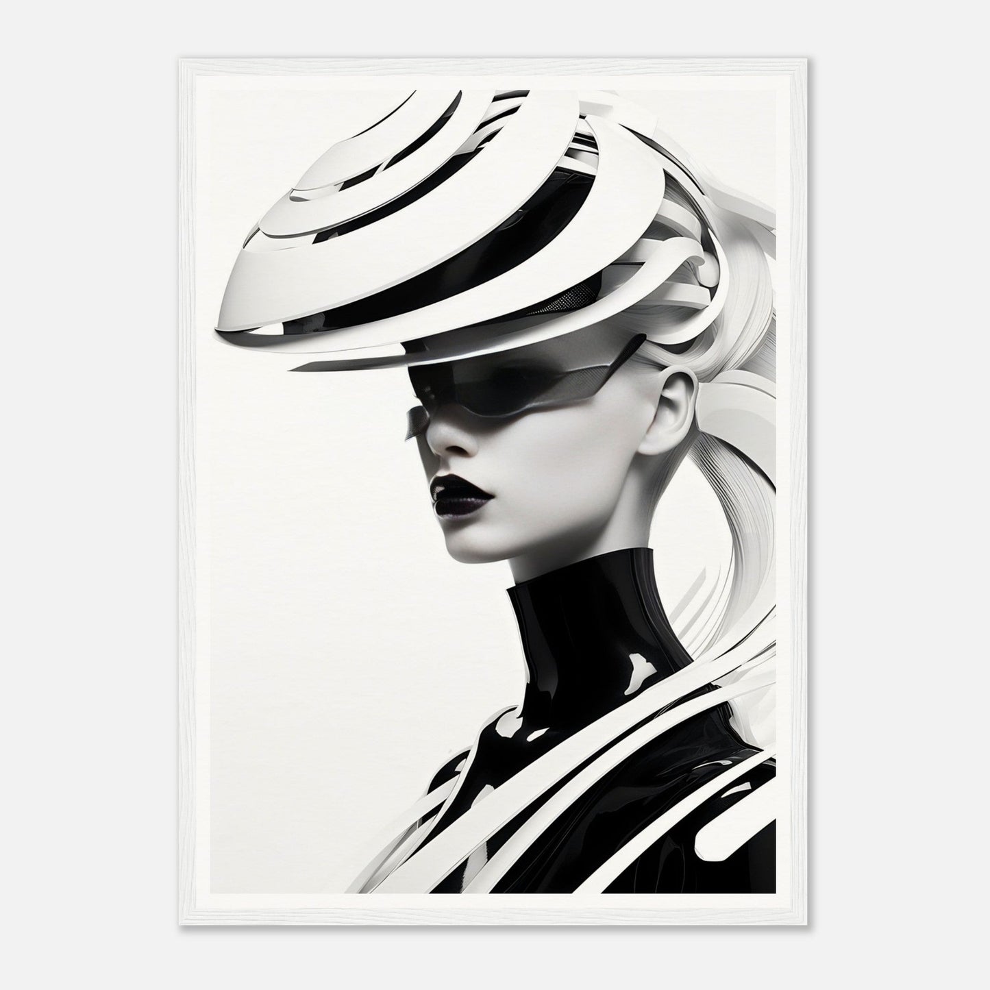 Striking black and white portrait featuring a person wearing an avant-garde hat and high-necked top with bold geometric patterns.