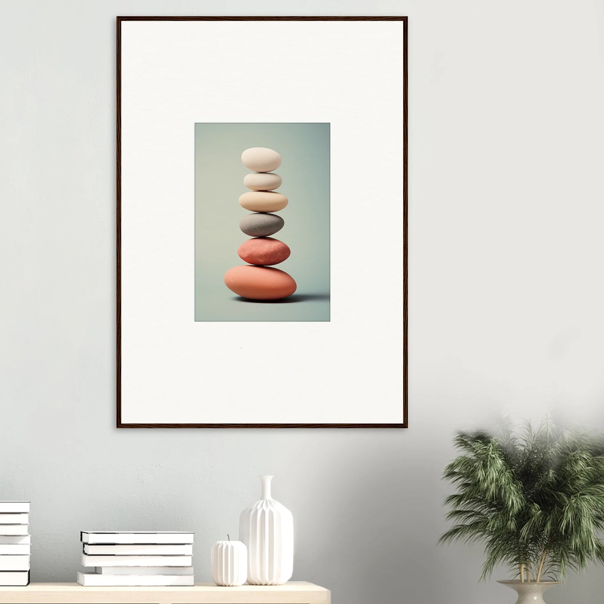 Stack of balanced stones in pink and gray for unique room decor or framed wall art