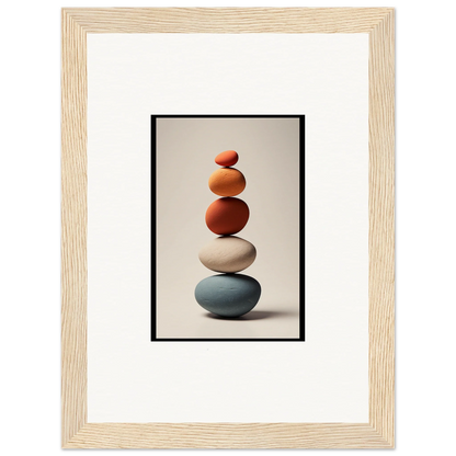 Balanced smooth stones in earthy tones for Zen-inspired collage poetry wall art