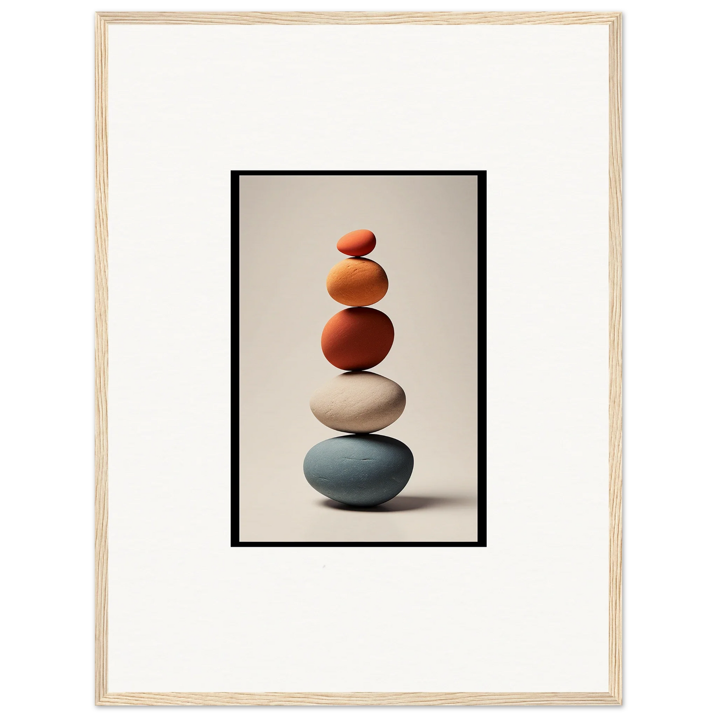 Balanced stack of five earthy stones for Zen-inspired collage poetry wall art