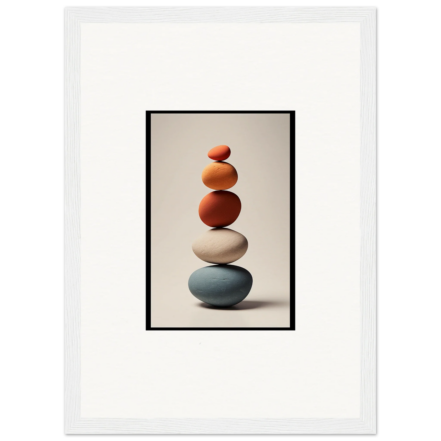 Stack of colorful smooth stones representing balance in Zen Collage Poetry framed wall art