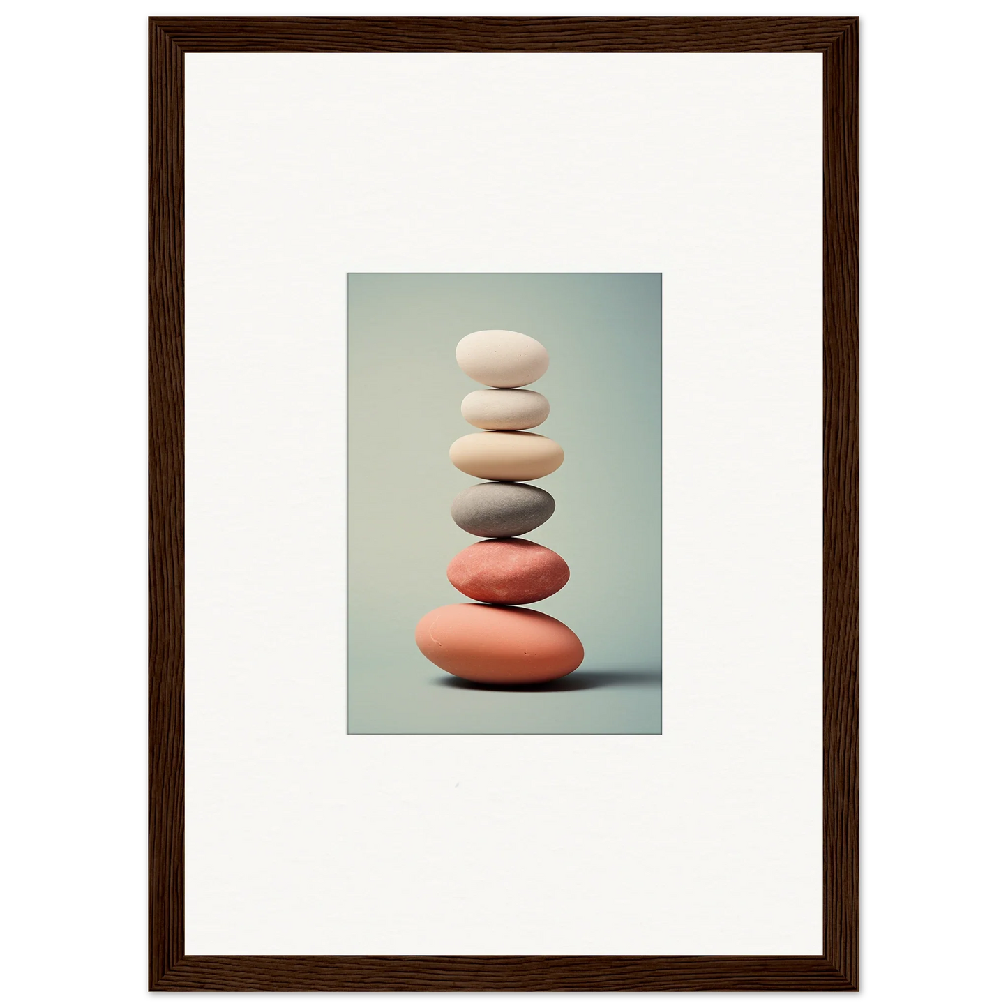 Balanced stones in white, gray, and coral for stylish room decor or framed wall art