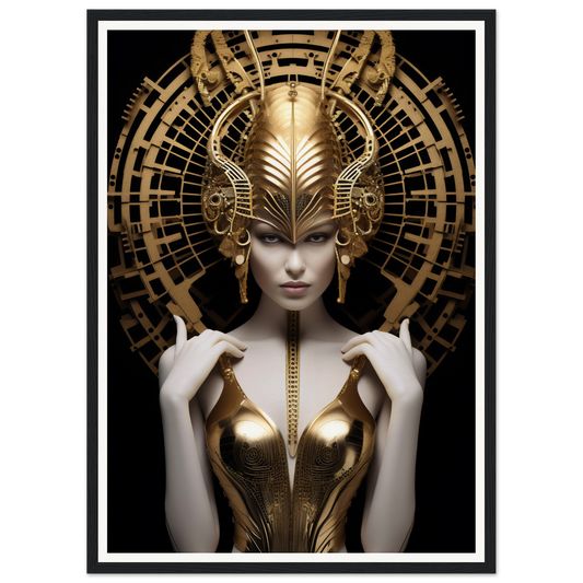 An image of a woman with the Art Deco Gold Futuristic The Oracle Windows™ Collection on a black background.