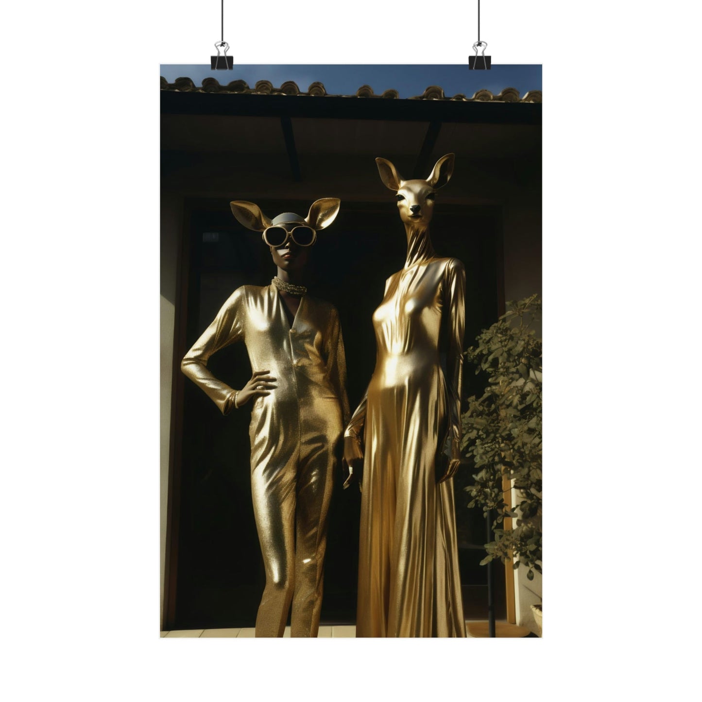 Two mannequins wearing gold outfits with deer-like heads.