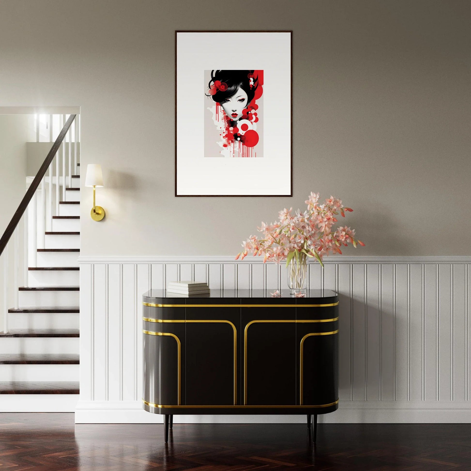 Stylish black and gold cabinet with framed wall art enhances Visions Blooming room decor