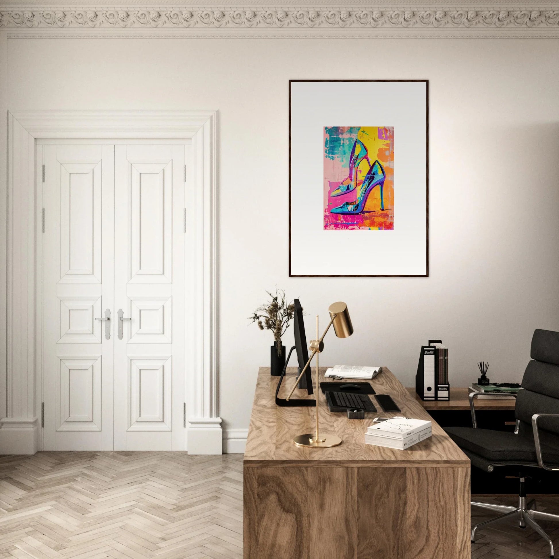 Stylish home office with wooden desk and framed wall art for perfect Heels Reverie room decor