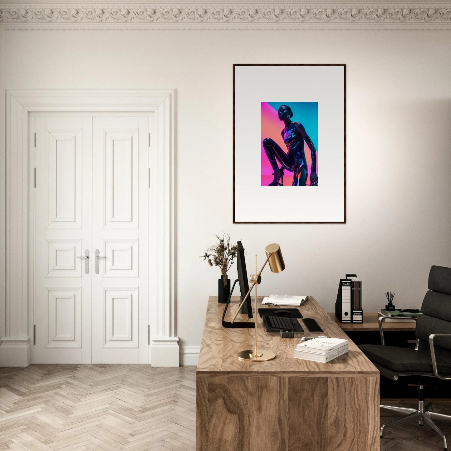 Stylish home office featuring Neon Symphony art, wooden desk, and elegant white doors