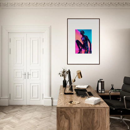 Stylish home office featuring Neon Symphony art, wooden desk, and elegant white doors