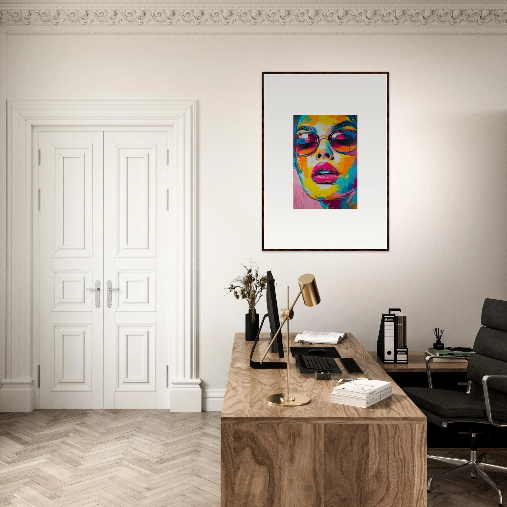 Stylish home office with wooden desk and framed wall art from Spectra Parade collection