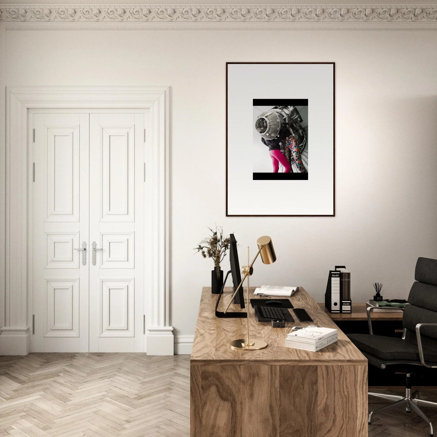 Stylish home office workspace featuring Magneto Embrace framed wall art and modern room decor