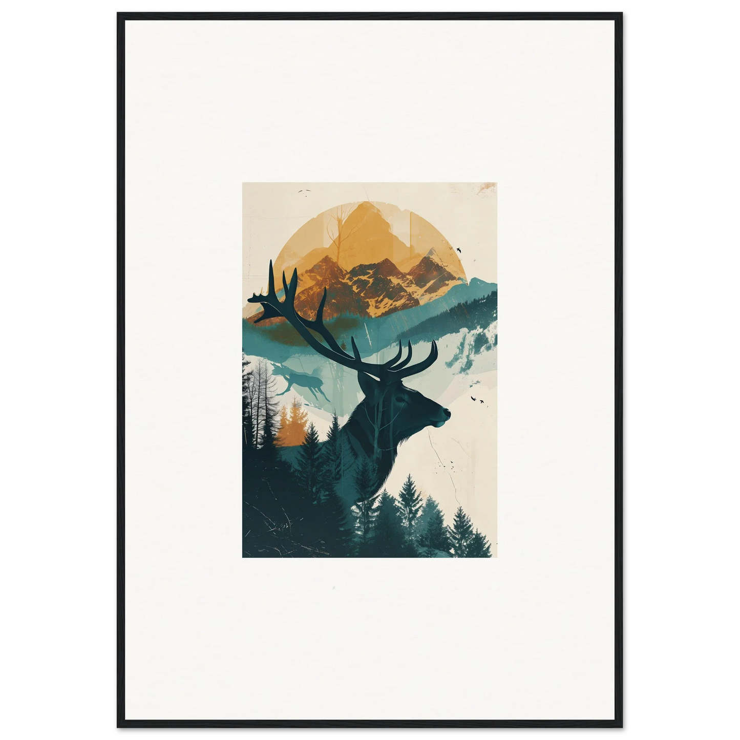 Stylized deer silhouette illustration for reflection solace room decor framed wall art